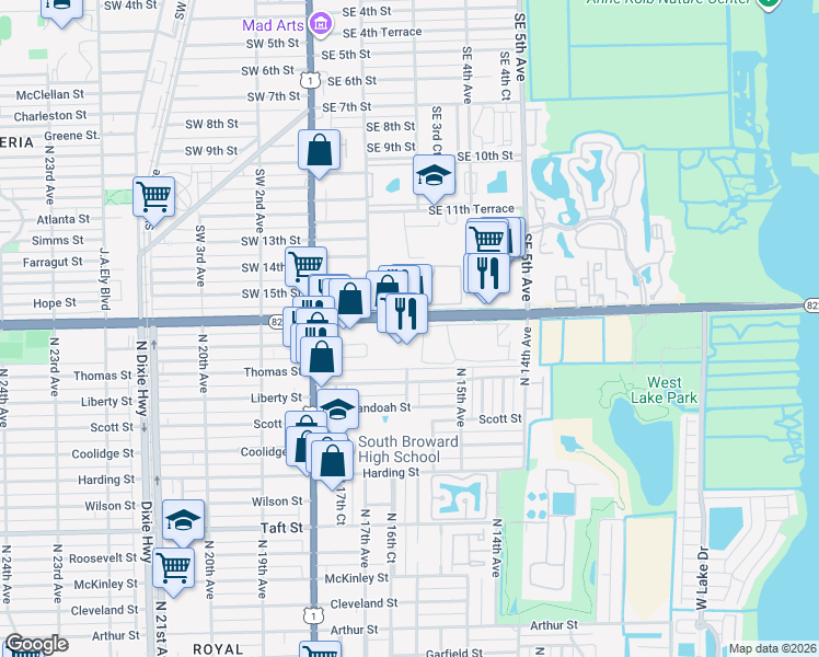 map of restaurants, bars, coffee shops, grocery stores, and more near 1600 Sheridan Street in Dania Beach