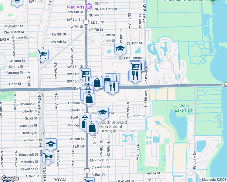 map of restaurants, bars, coffee shops, grocery stores, and more near 1600 Sheridan Street in Dania Beach