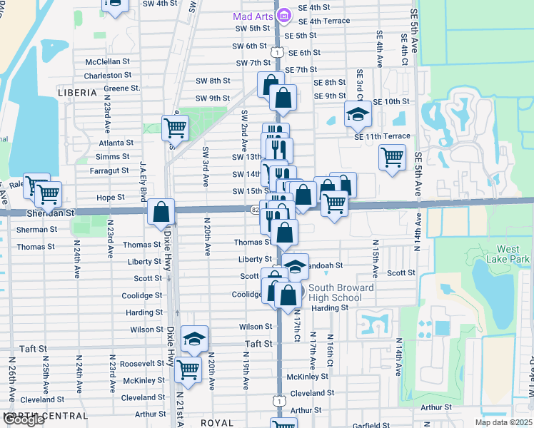 map of restaurants, bars, coffee shops, grocery stores, and more near in Dania Beach