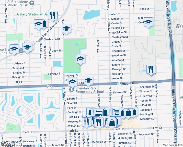 map of restaurants, bars, coffee shops, grocery stores, and more near 2700 Northwest 69th Avenue in Hollywood