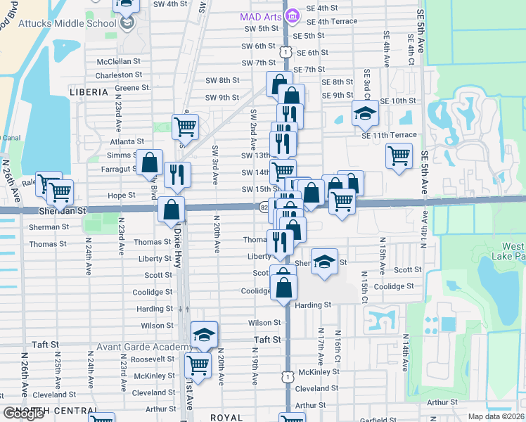 map of restaurants, bars, coffee shops, grocery stores, and more near 1501 Southwest 2nd Avenue in Dania Beach