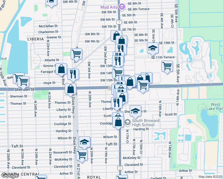 map of restaurants, bars, coffee shops, grocery stores, and more near 1501 Southwest 2nd Avenue in Dania Beach