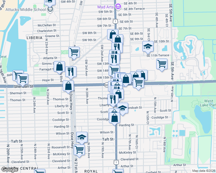 map of restaurants, bars, coffee shops, grocery stores, and more near 1501 Southwest 2nd Avenue in Dania Beach
