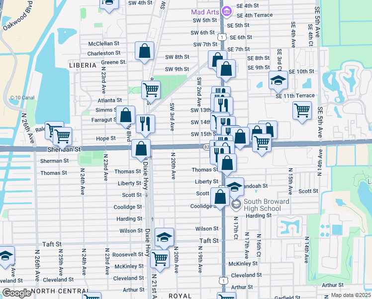 map of restaurants, bars, coffee shops, grocery stores, and more near 233 Southwest 16th Street in Dania Beach