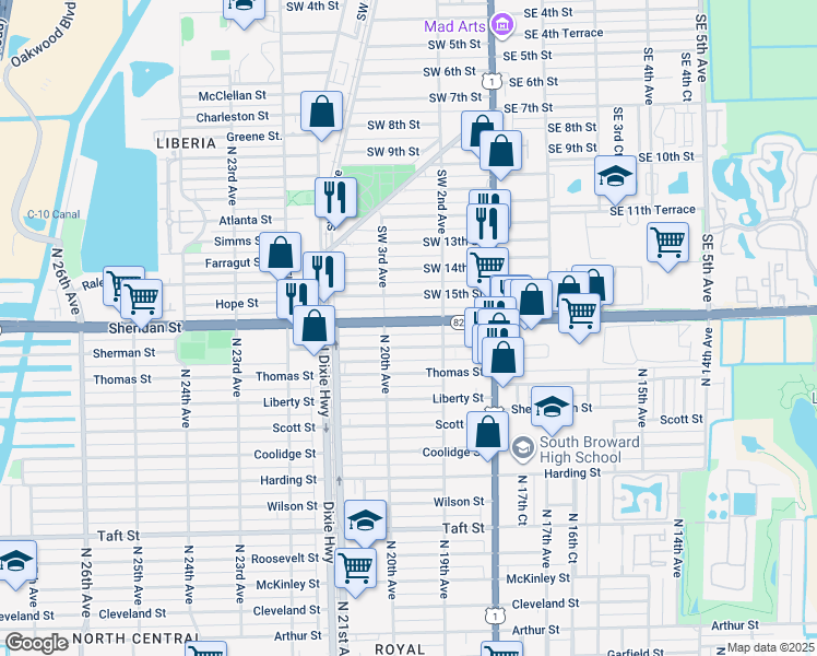 map of restaurants, bars, coffee shops, grocery stores, and more near 233 Southwest 16th Street in Dania Beach