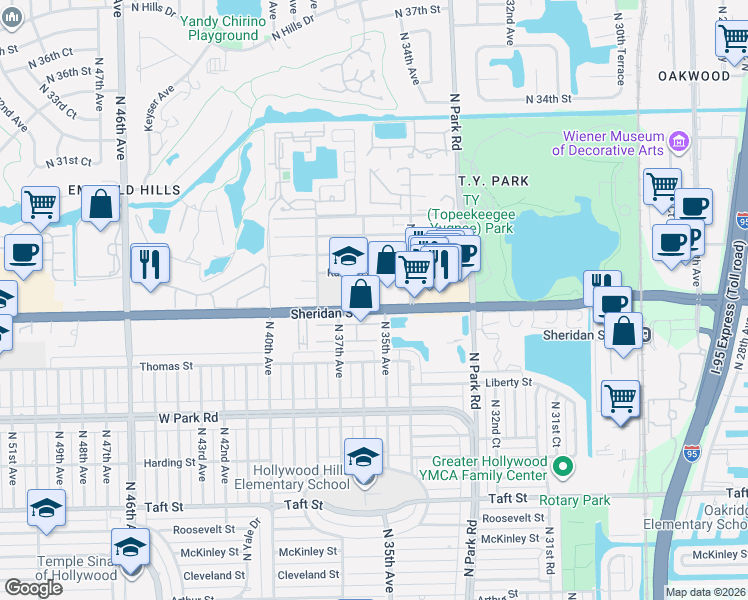 map of restaurants, bars, coffee shops, grocery stores, and more near 3475 Sheridan Street in Hollywood