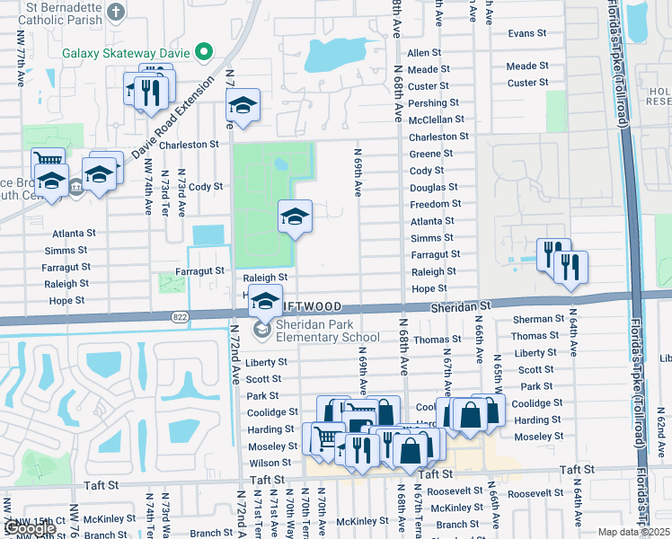 map of restaurants, bars, coffee shops, grocery stores, and more near 2700 Northwest 69th Avenue in Hollywood