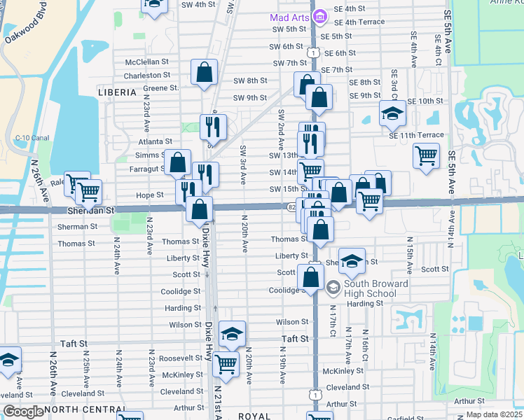 map of restaurants, bars, coffee shops, grocery stores, and more near 233 Southwest 16th Street in Dania Beach