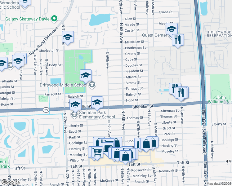 map of restaurants, bars, coffee shops, grocery stores, and more near 6861 Farragut Street in Hollywood