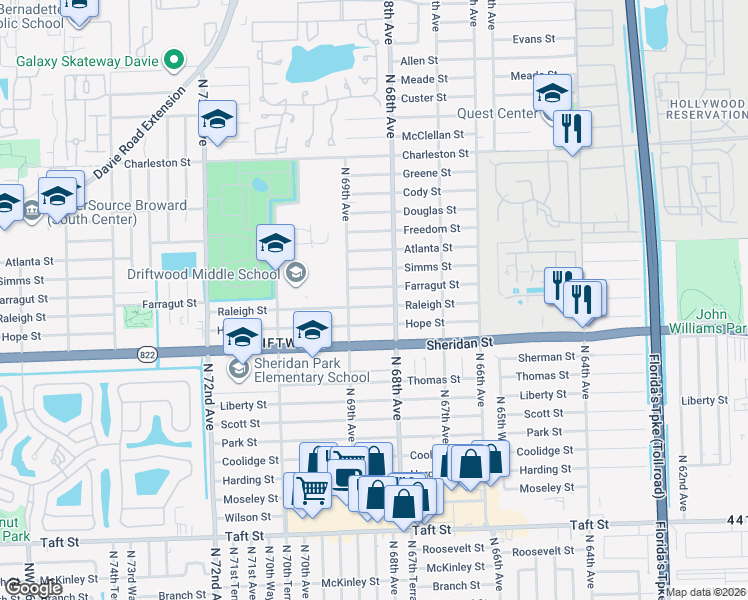 map of restaurants, bars, coffee shops, grocery stores, and more near 6861 Farragut Street in Hollywood