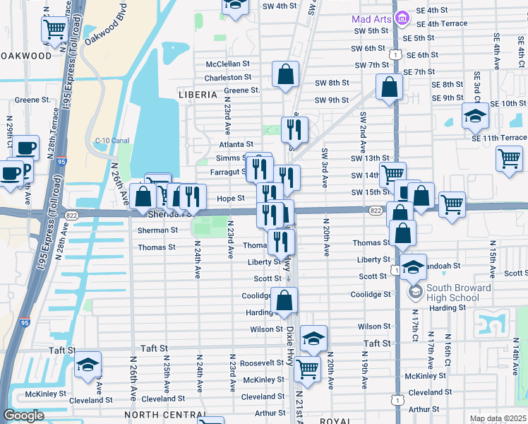 map of restaurants, bars, coffee shops, grocery stores, and more near 1555 Southwest 12th Avenue in Dania Beach