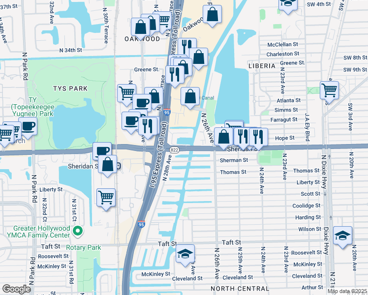 map of restaurants, bars, coffee shops, grocery stores, and more near 2704 Bruce Terrace in Hollywood