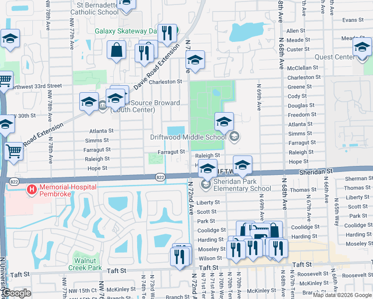 map of restaurants, bars, coffee shops, grocery stores, and more near 2731 North 72nd Terrace in Hollywood