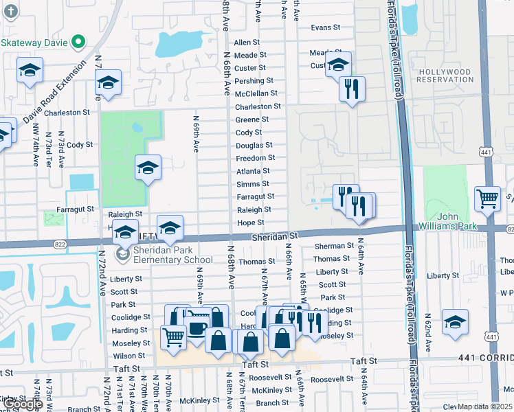 map of restaurants, bars, coffee shops, grocery stores, and more near 6705 Farragut Street in Hollywood
