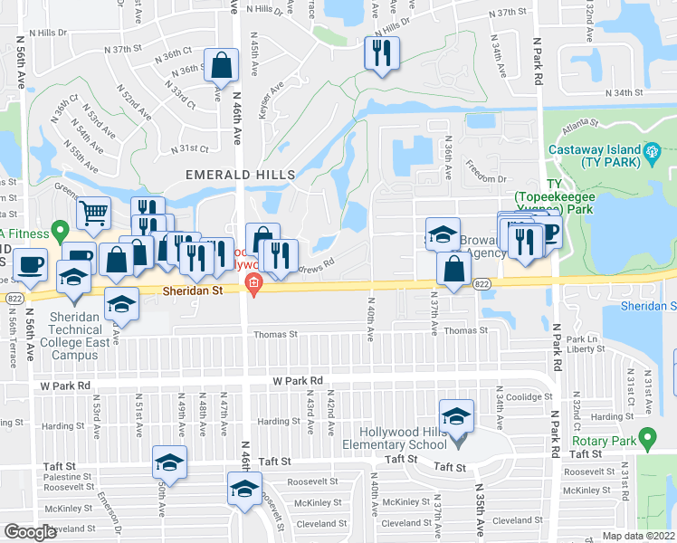 map of restaurants, bars, coffee shops, grocery stores, and more near 405 Dunwoody Lane in Hollywood