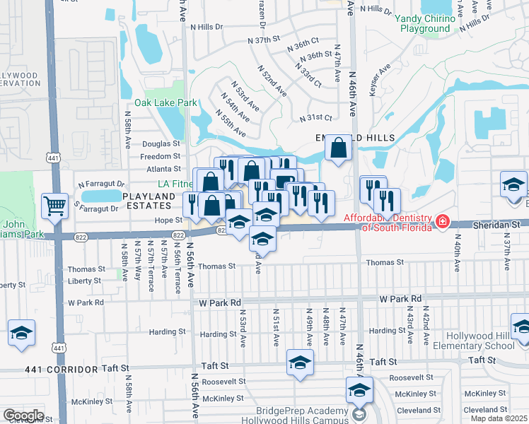 map of restaurants, bars, coffee shops, grocery stores, and more near 5181 Sheridan Street in Hollywood