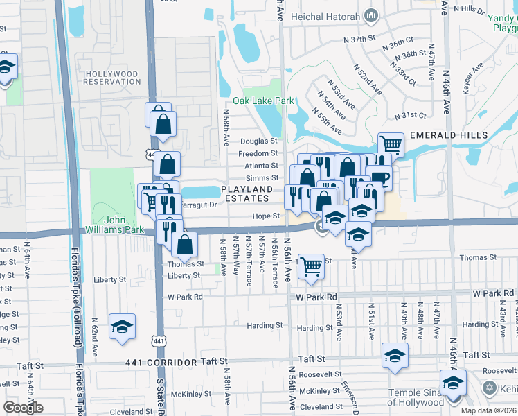 map of restaurants, bars, coffee shops, grocery stores, and more near 5637 Raleigh Street in Hollywood