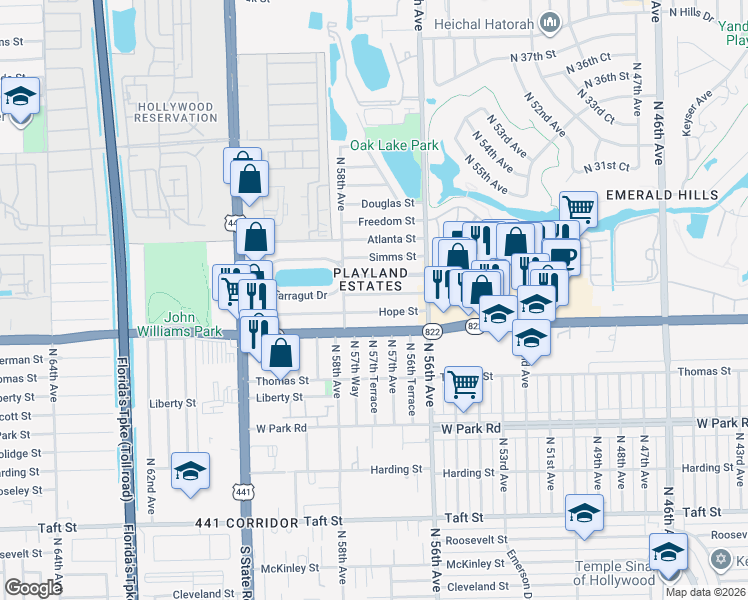 map of restaurants, bars, coffee shops, grocery stores, and more near 5637 Raleigh Street in Hollywood
