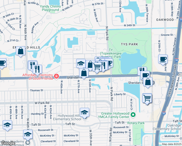 map of restaurants, bars, coffee shops, grocery stores, and more near 3475 Sheridan Street in Hollywood