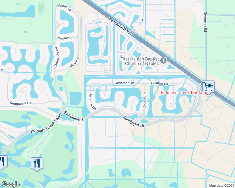 map of restaurants, bars, coffee shops, grocery stores, and more near 3175 Serena Lane in Naples