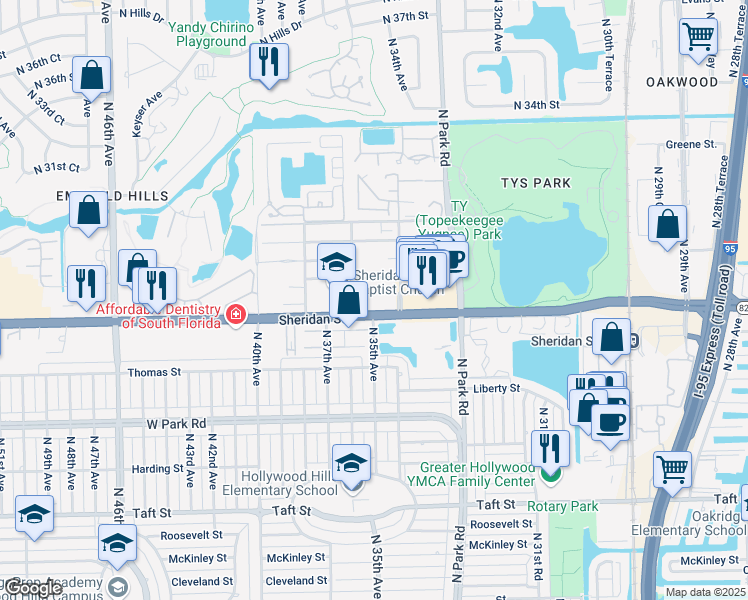 map of restaurants, bars, coffee shops, grocery stores, and more near 3475 Sheridan Street in Hollywood