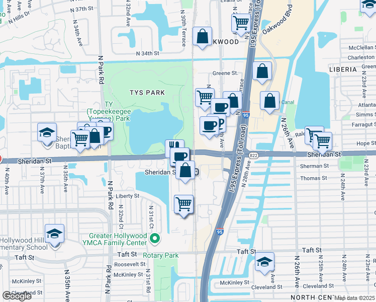 map of restaurants, bars, coffee shops, grocery stores, and more near 3001 Sheridan Street in Hollywood