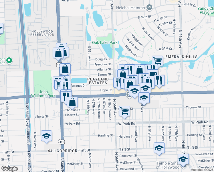 map of restaurants, bars, coffee shops, grocery stores, and more near 5637 Raleigh Street in Hollywood