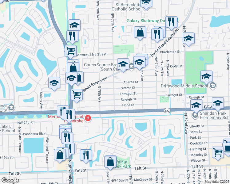 map of restaurants, bars, coffee shops, grocery stores, and more near 7690 Simms Street in Hollywood