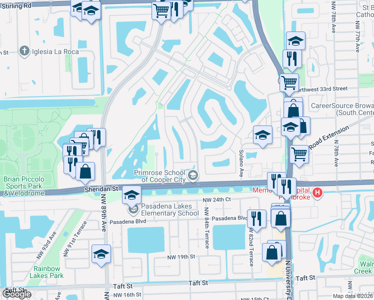 map of restaurants, bars, coffee shops, grocery stores, and more near 2922 Northwest 84th Terrace in Pembroke Pines