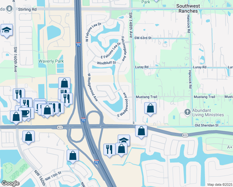 map of restaurants, bars, coffee shops, grocery stores, and more near 6832 East Longbow Bend in Davie