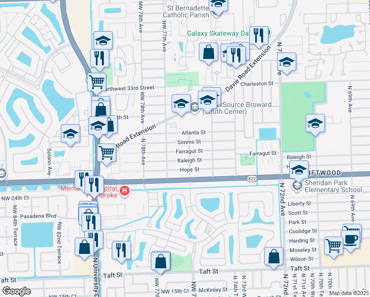 map of restaurants, bars, coffee shops, grocery stores, and more near 7608 Simms Street in Hollywood