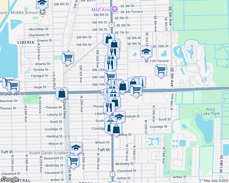 map of restaurants, bars, coffee shops, grocery stores, and more near in Dania Beach