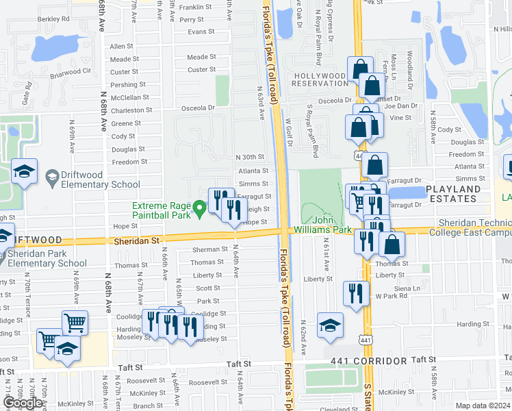 map of restaurants, bars, coffee shops, grocery stores, and more near 6331 Raleigh Street in Hollywood