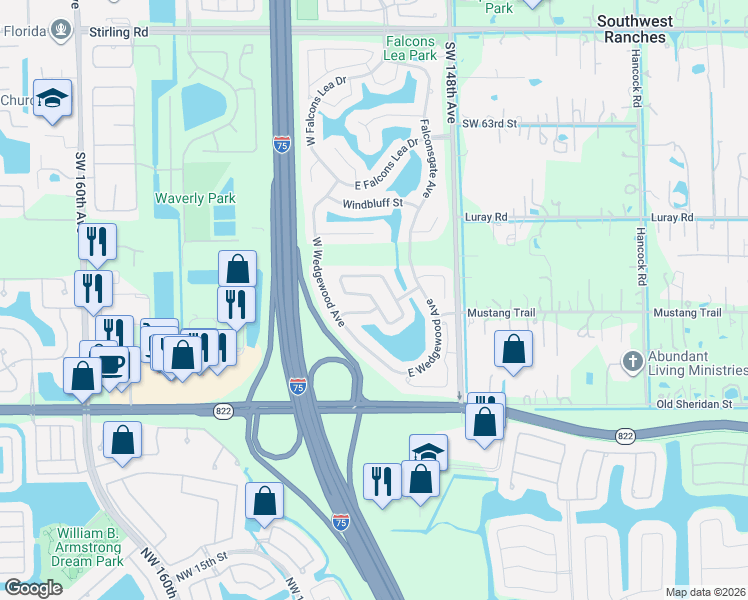 map of restaurants, bars, coffee shops, grocery stores, and more near 6830 West Longbow Bend in Davie