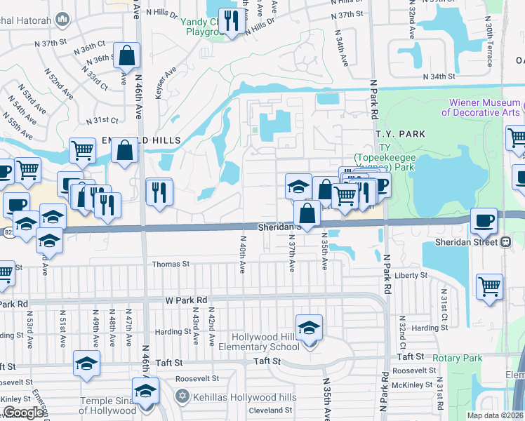 map of restaurants, bars, coffee shops, grocery stores, and more near 2608 North 38th Avenue in Hollywood