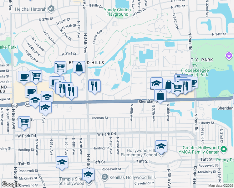 map of restaurants, bars, coffee shops, grocery stores, and more near 410 Saint Andrews Road in Hollywood