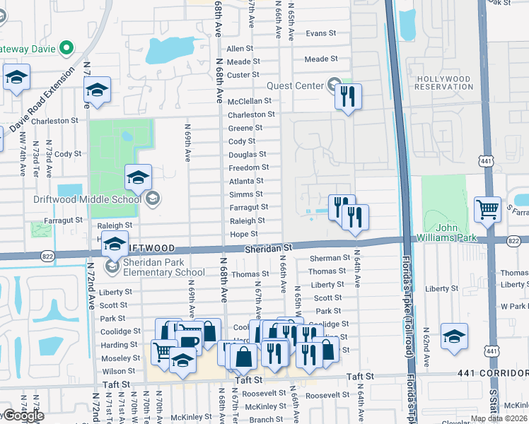 map of restaurants, bars, coffee shops, grocery stores, and more near 6611 Farragut Street in Hollywood