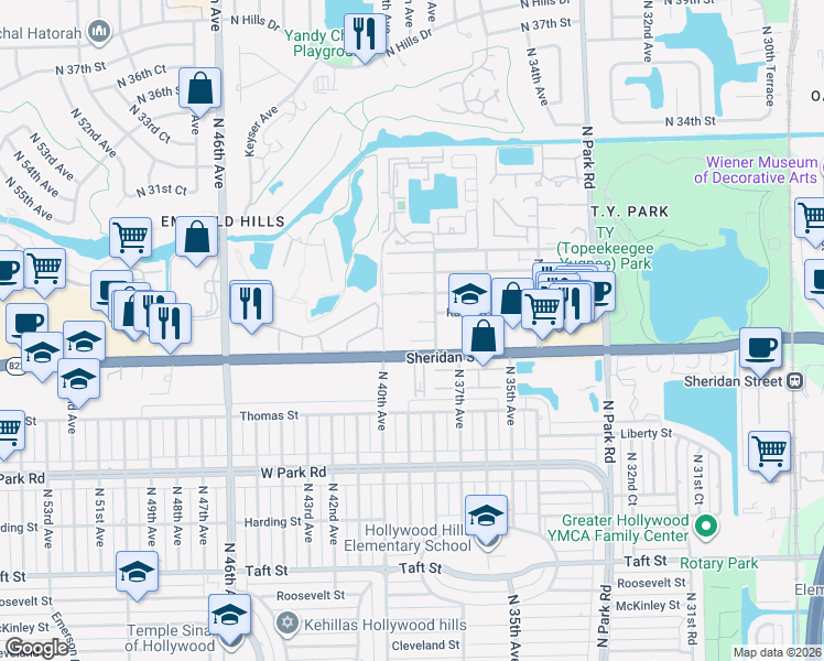 map of restaurants, bars, coffee shops, grocery stores, and more near 2608 North 38th Avenue in Hollywood