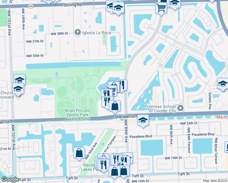 map of restaurants, bars, coffee shops, grocery stores, and more near 2580 Pine Island Road in Pembroke Pines
