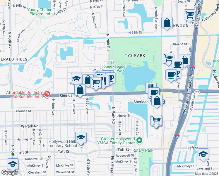 map of restaurants, bars, coffee shops, grocery stores, and more near 3327 Sheridan Street in Hollywood