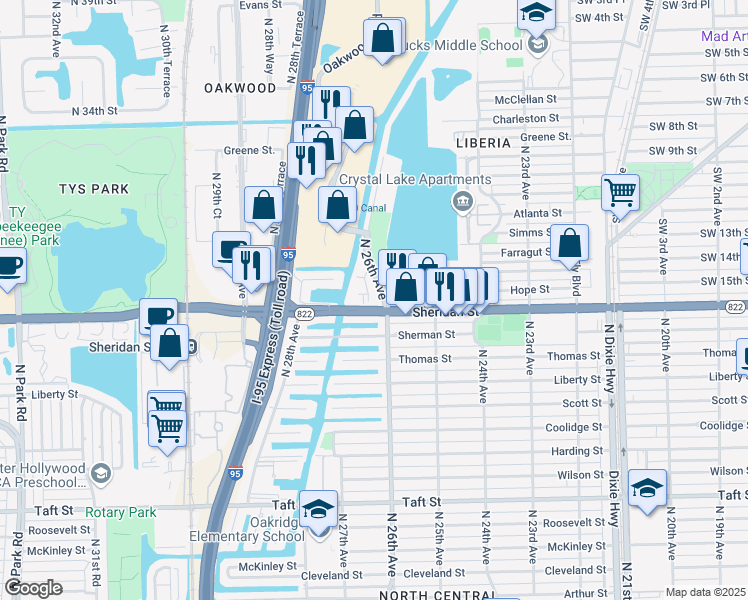 map of restaurants, bars, coffee shops, grocery stores, and more near 2547 North 26th Terrace in Hollywood