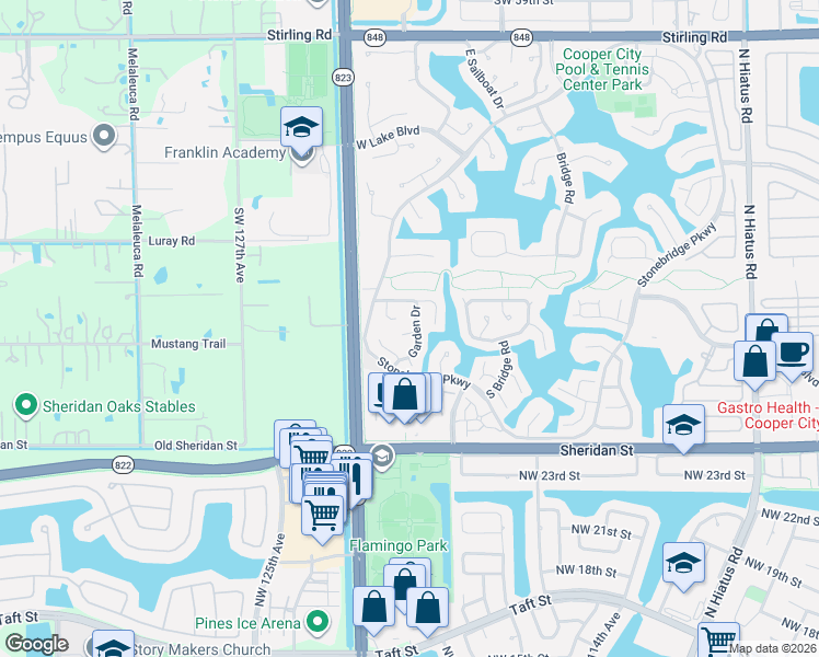 map of restaurants, bars, coffee shops, grocery stores, and more near 2885 Garden Drive in Hollywood