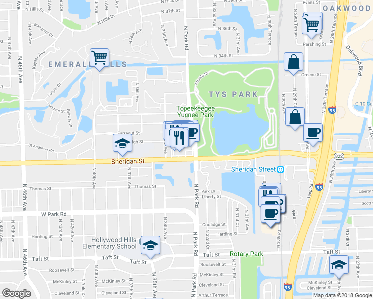 map of restaurants, bars, coffee shops, grocery stores, and more near 3301 Sheridan Street in Hollywood