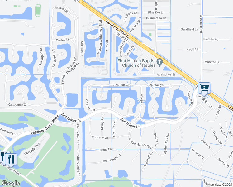 map of restaurants, bars, coffee shops, grocery stores, and more near 3185 Aviamar Circle in Naples