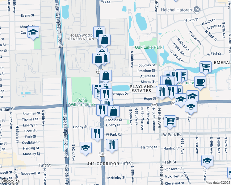 map of restaurants, bars, coffee shops, grocery stores, and more near 5915 South Farragut Drive in Hollywood