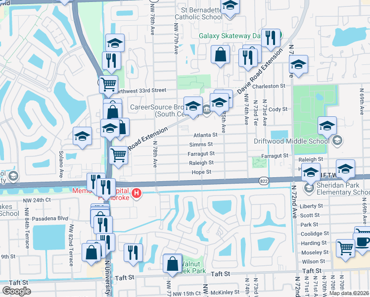 map of restaurants, bars, coffee shops, grocery stores, and more near 7690 Simms Street in Hollywood