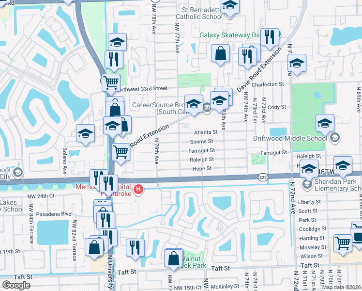 map of restaurants, bars, coffee shops, grocery stores, and more near 7690 Simms Street in Hollywood