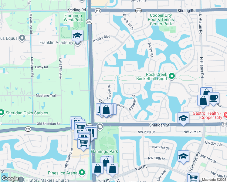 map of restaurants, bars, coffee shops, grocery stores, and more near 2885 Garden Drive in Hollywood