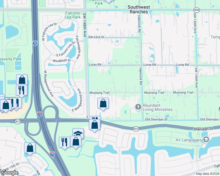 map of restaurants, bars, coffee shops, grocery stores, and more near 14531 Mustang Trail in Southwest Ranches