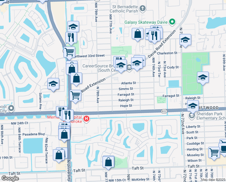 map of restaurants, bars, coffee shops, grocery stores, and more near 7690 Simms Street in Hollywood